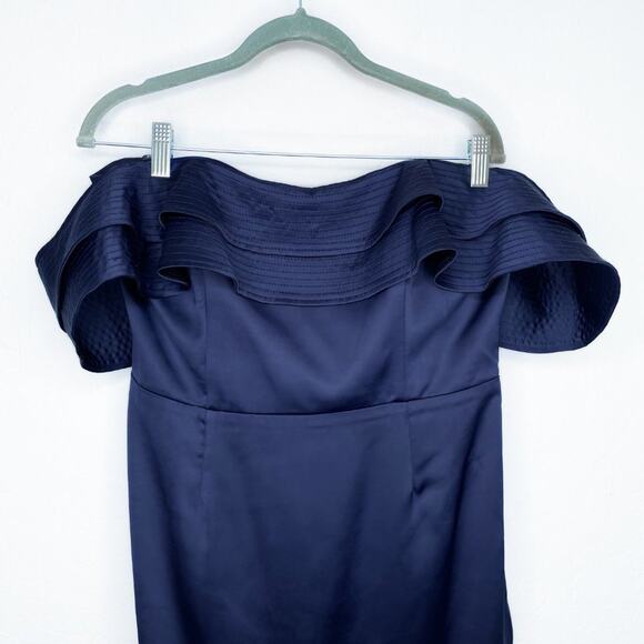 Bardot Athena Frill Off the Shoulder Navy Blue Satin Ruffle Mini Dress 10 Large - Picture 4 of 16